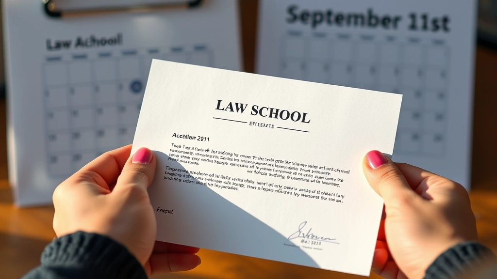 Close-up of hands holding acceptance letter from law school with official letterhead, calendar showing September 1st marked in background, celebrating moment captured with soft natural lighting