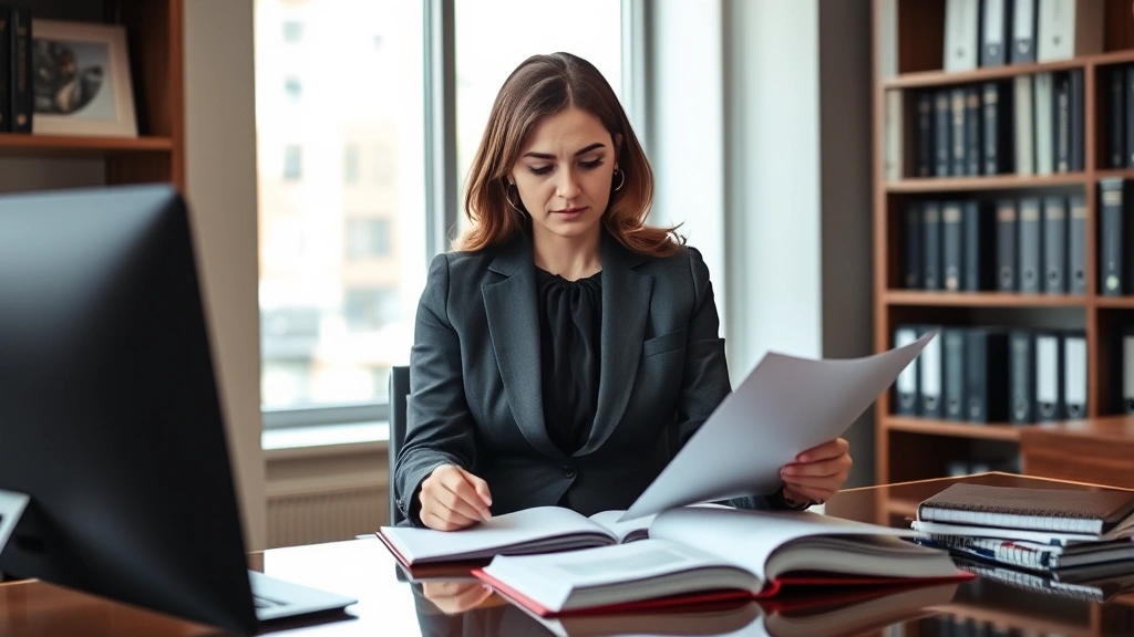 Professional female prosecutor in business attire reviewing case files at desk in modern law office, focused expression, natural lighting from window, contemporary office environment