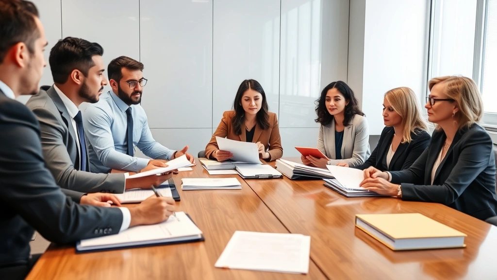 Diverse team of legal professionals in conference room during case discussion, reviewing documents and evidence binders, collaborative atmosphere, professional setting