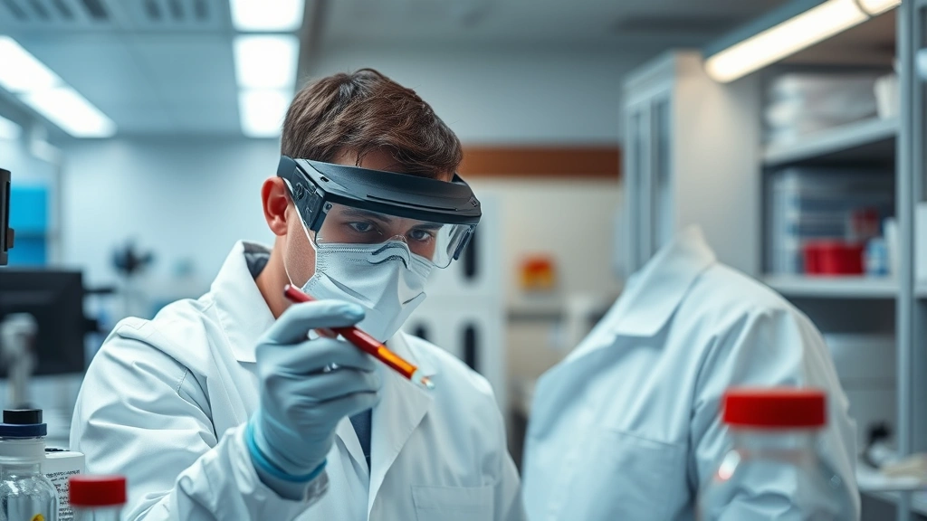 Criminal justice investigator examining evidence in modern forensic laboratory, professional protective gear, scientific equipment visible, concentrated work environment