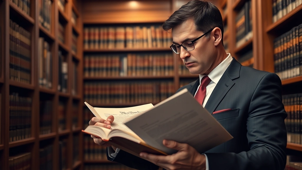 Professional lawyer in formal suit studying constitutional documents and law books in modern law library with wooden shelves and soft lighting, serious contemplative expression