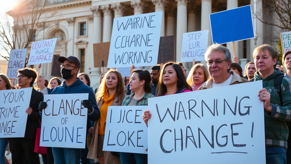 Diverse group of peaceful protesters holding signs advocating for change, standing in front of government building with morning sunlight, calm and organized demonstration