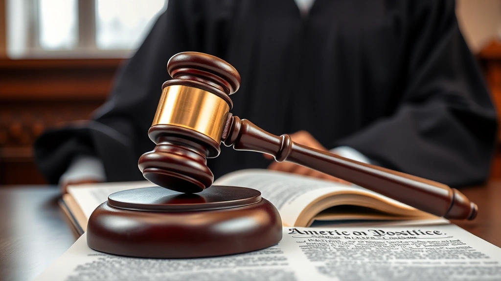 Judge's gavel resting on law books with American Constitution visible, judicial robes in background, professional courtroom setting emphasizing rule of law and justice
