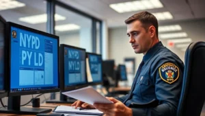 Professional NYPD detective in modern office environment reviewing case files and digital screens, serious focused expression, contemporary police precinct setting, natural lighting