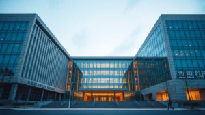Professional photograph of a modern South Korean government building with contemporary architecture, daytime lighting, showing civic institution design