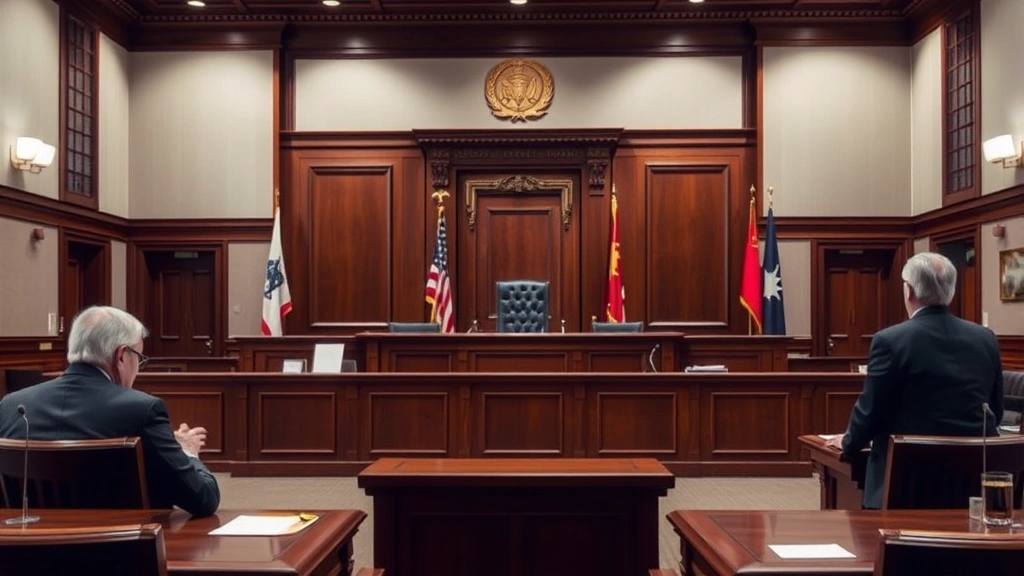 Image of judicial proceedings or courtroom interior with professional legal setting, wooden furniture, neutral professional atmosphere, no text visible