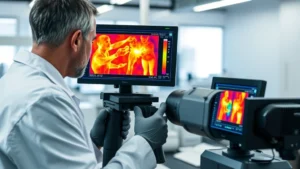 Professional thermal imaging camera being used by forensic expert in modern laboratory setting, scientist examining thermal data on computer display, precise scientific equipment with digital readouts