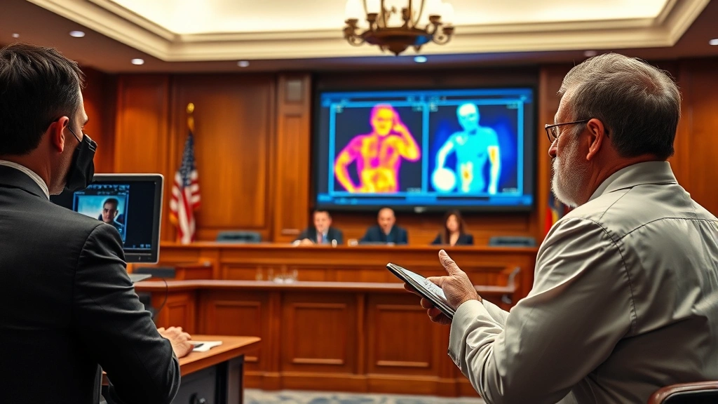 Expert witness testifying in courtroom with thermal image displayed on screen behind, judge and attorneys reviewing scientific evidence, professional legal setting with thermal imaging equipment visible