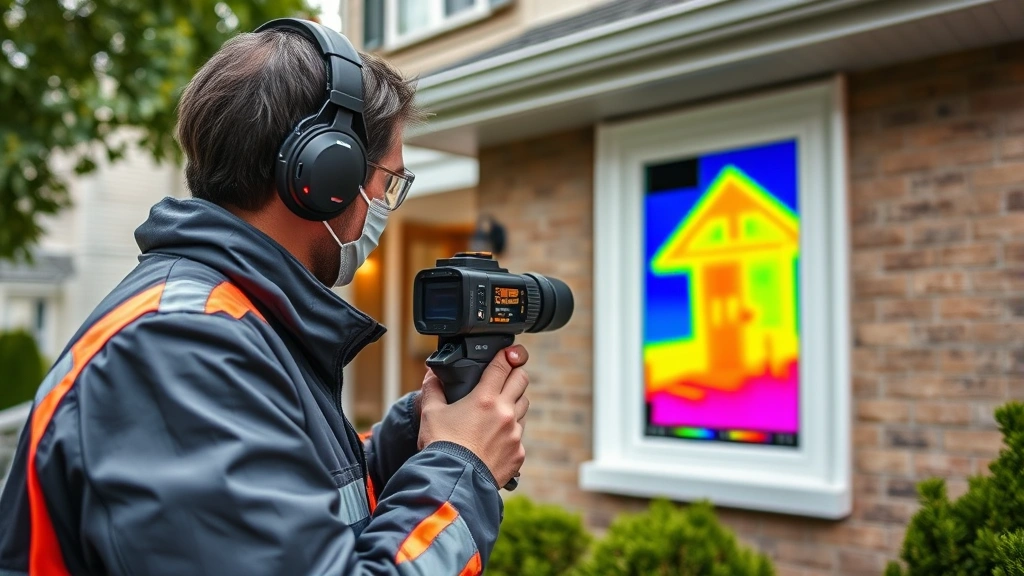 Thermal imaging technician conducting property inspection on residential building exterior, infrared camera pointed at wall surface, professional documentation of thermal patterns, suburban home setting