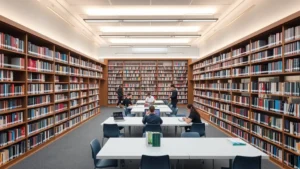 Professional law library interior with extensive bookshelves, modern reading tables, and students studying legal materials in contemporary academic setting