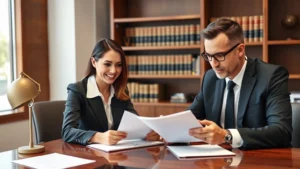 Professional woman in business attire meeting with male employment lawyer at wooden desk, reviewing documents and discussing employment contract, modern office setting with law books visible in background, serious and consultative atmosphere
