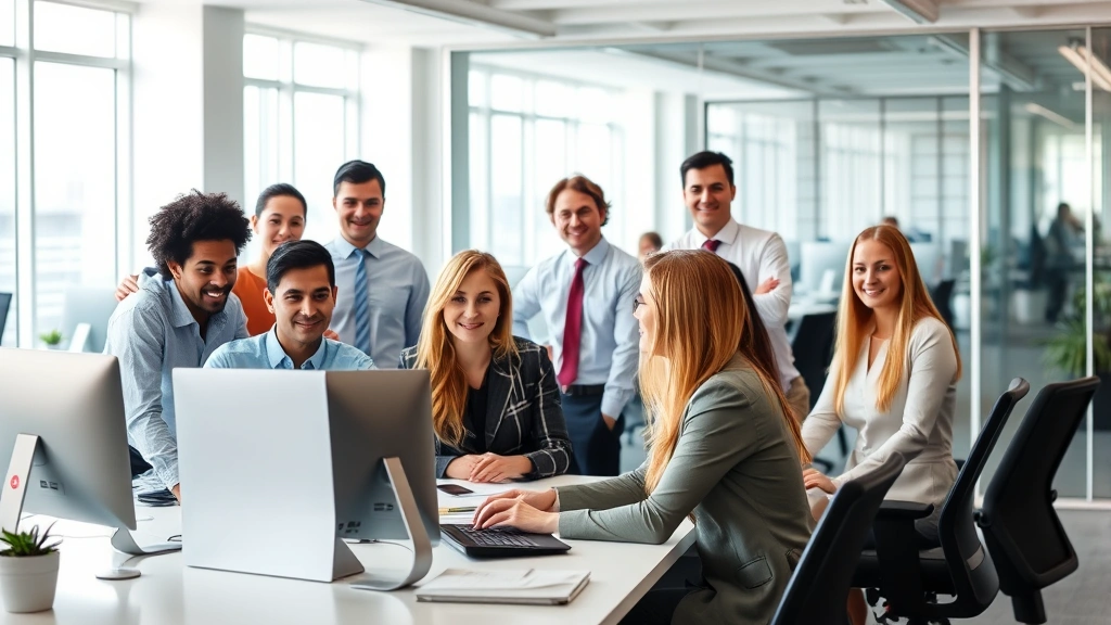 Diverse group of office workers in modern workplace, professional environment showing teamwork and collaboration, employees at desks and in meeting spaces, emphasizing workplace fairness and professional conduct