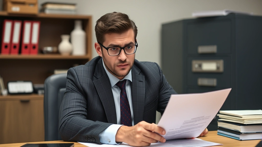 Male employer or HR manager looking concerned while holding dismissal letter at desk, filing cabinet and employment records visible, professional but serious atmosphere reflecting termination decision-making process