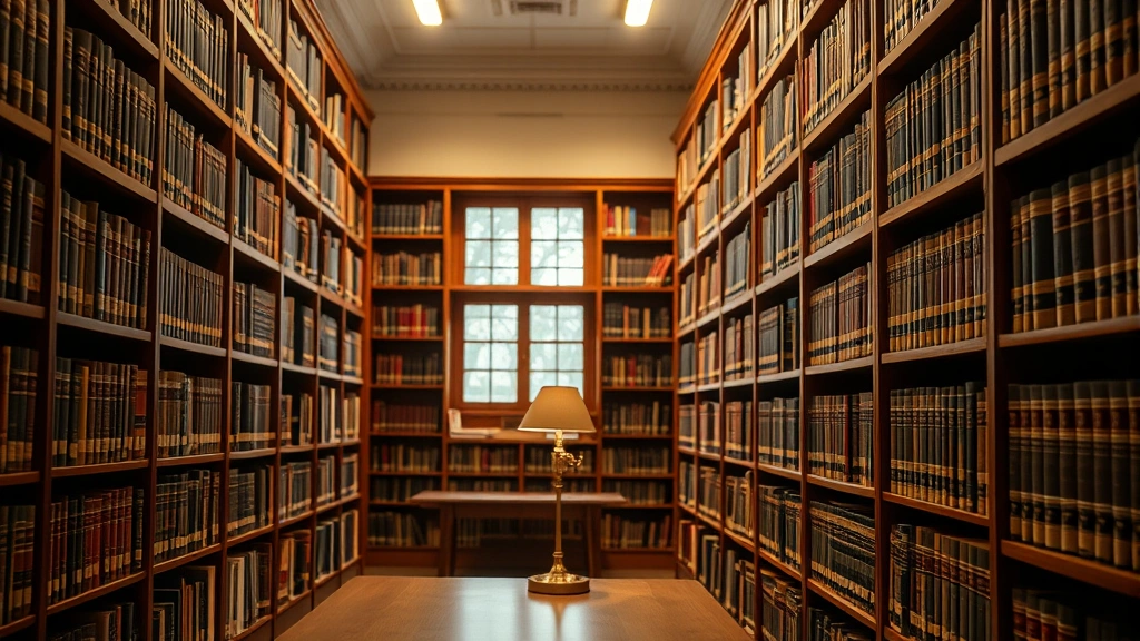 Interior photograph of a law library study area with wooden shelves, law books, and a single desk lamp creating warm lighting, scholarly environment, empty study space, soft focus background