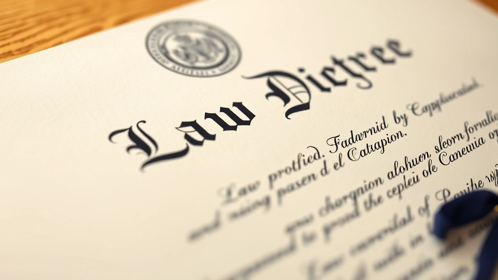 Close-up photograph of a law degree diploma or certificate with traditional calligraphy on parchment paper, professional legal document styling, shallow depth of field, warm neutral background