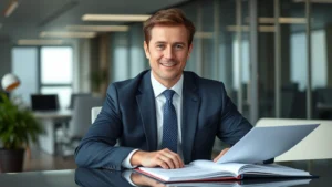 Professional male British actor in formal business attire, sitting in modern office with legal documents on desk, confident expression, natural lighting, high-resolution corporate portrait