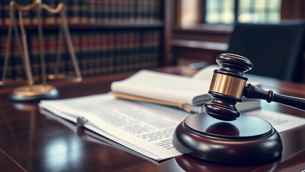 Gavel and legal documents on judge's desk in courthouse setting, law books visible in background, professional legal environment, soft natural lighting, no text visible
