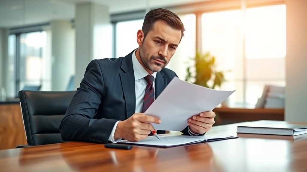 Lawyer in business suit reviewing contract documents at wooden desk, modern office setting, focused expression, papers and pen visible, professional legal consultation scene