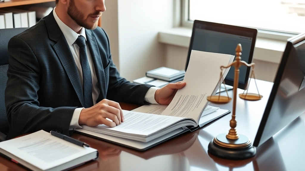 Professional attorney in business suit reviewing legal documents at desk with law books and computer, representing legal consistency and equilibrium