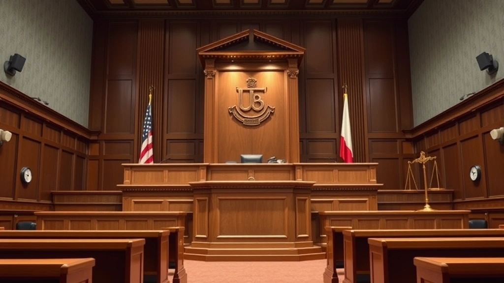 Courtroom interior with judge's bench and legal symbols, depicting fair and consistent application of law across all cases