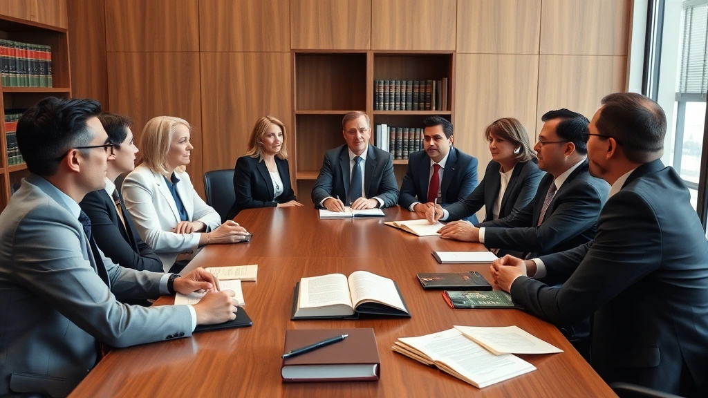 Diverse group of lawyers and legal professionals in conference room during collaborative meeting, discussing cases around wooden table with law books visible, professional attire