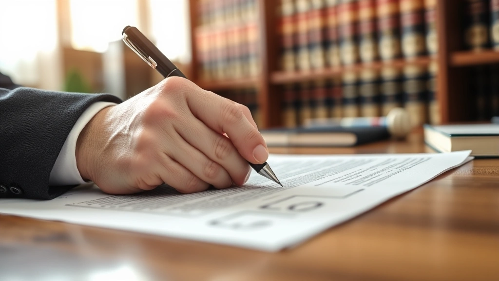 Close-up of attorney's hands writing notes with fountain pen on legal document, law library books blurred in background, natural daylight from window