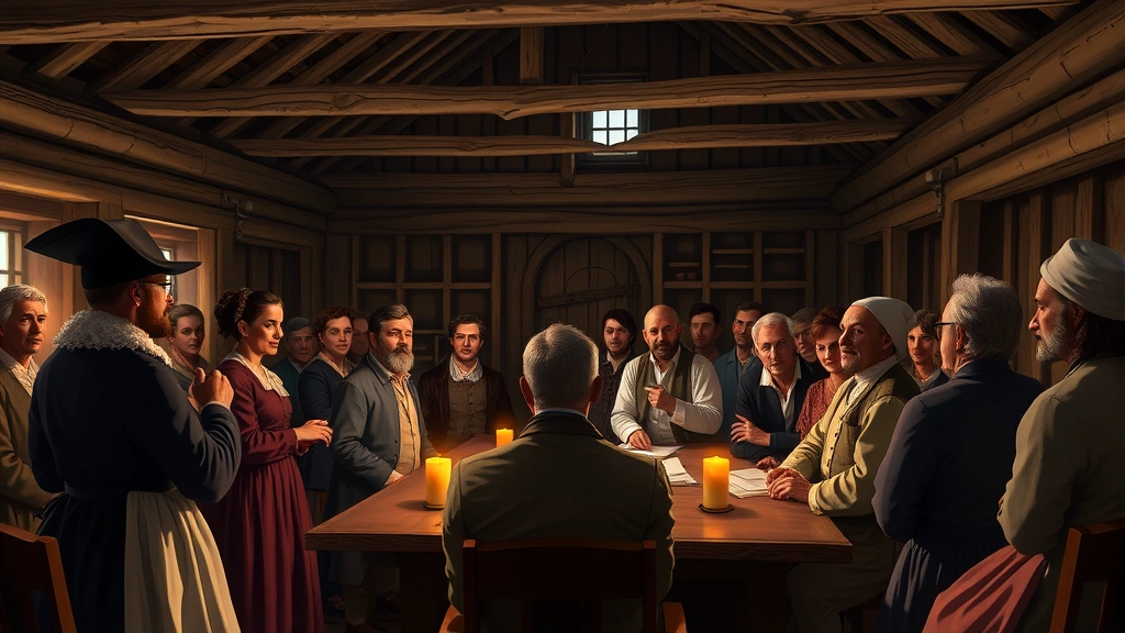 Colonial Massachusetts town meeting scene with magistrates and community members in period clothing gathered in austere wooden meeting house, discussing education and civic matters, candlelit interior with serious expressions