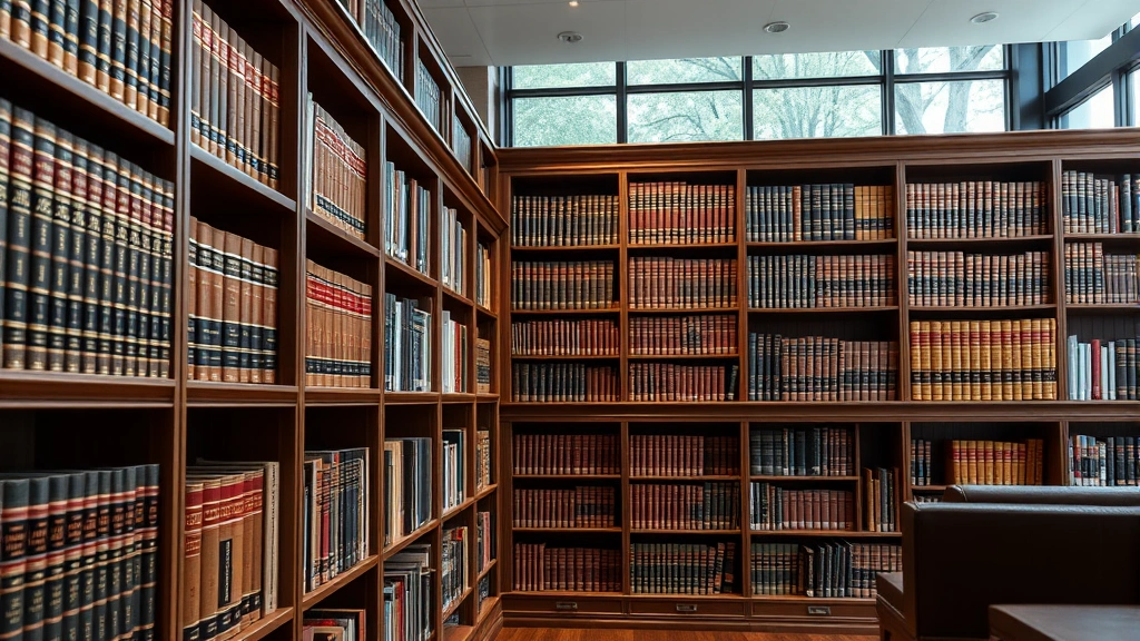 Modern law library with historical legal texts and education law volumes on wooden shelves, legal research materials displayed, sophisticated professional environment showing connection between colonial and contemporary law