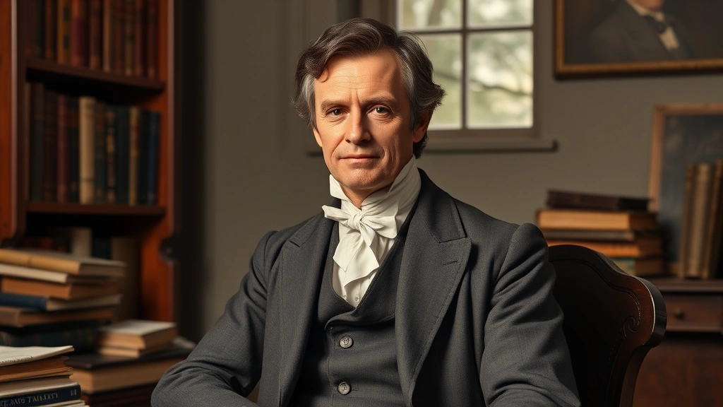 Portrait of Horace Mann, 19th-century educational reformer, wearing formal period attire in a professional study setting with books and documents, serious expression, natural lighting, historically accurate clothing