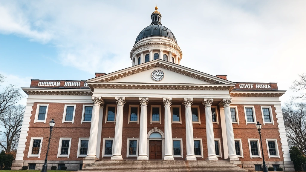 Historic Massachusetts State House building exterior, 19th-century architecture, classical columns and dome, showing the legislative chamber where compulsory education law was passed, professional photography style