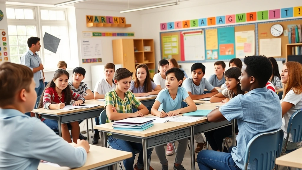 Diverse group of students sitting at desks in bright classroom with teacher explaining lesson, engaged learning environment, colorful educational materials on walls, morning natural light