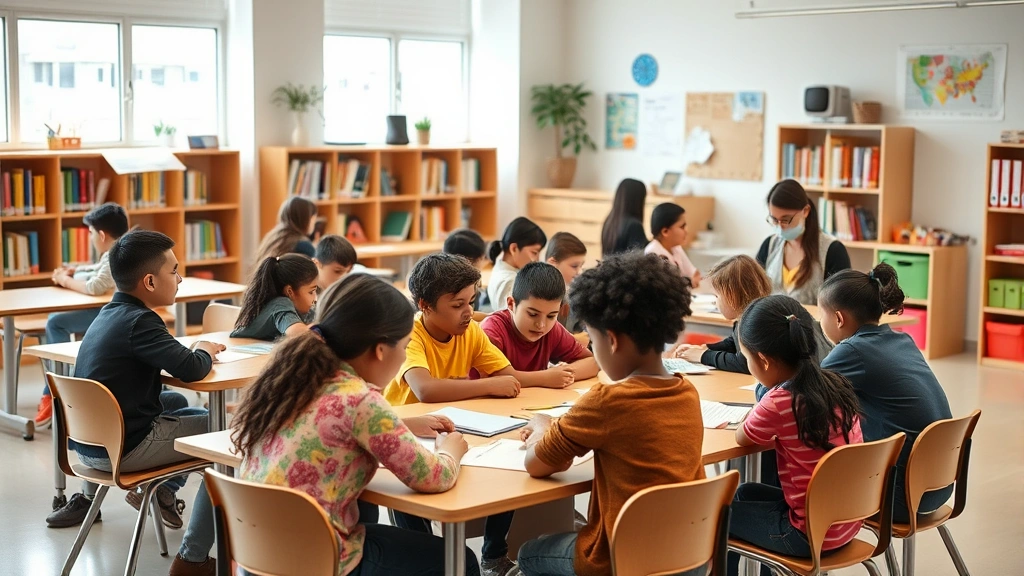 Modern diverse classroom with students of various ages and backgrounds engaged in learning activities, inclusive educational environment, natural lighting from windows, contemporary school setting with educational materials visible