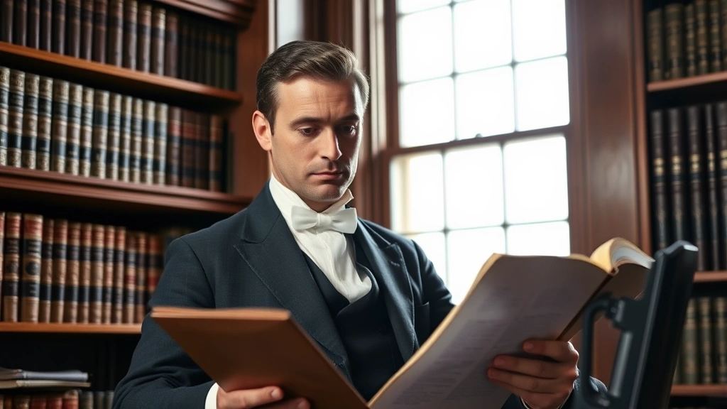 Professional portrait of 19th century Massachusetts legislator in formal attire, studying documents in law library with leather-bound books, natural window lighting, serious expression