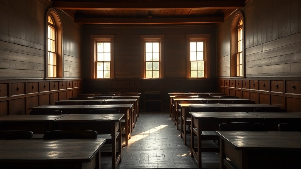 Historical 19th century American schoolhouse classroom with wooden desks, slate boards, and natural light streaming through tall windows, professional historical photograph aesthetic