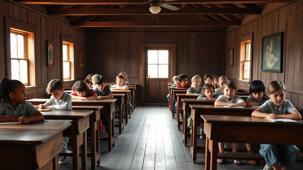 Diverse group of children from different backgrounds sitting at wooden desks in historic one-room schoolhouse, focused on learning, natural sunlight streaming through windows, period-accurate setting