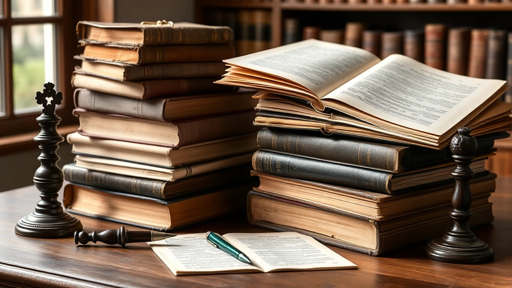 Vintage legal documents and law books stacked on wooden desk with period-appropriate writing implements, soft natural lighting, scholarly atmosphere, no readable text visible
