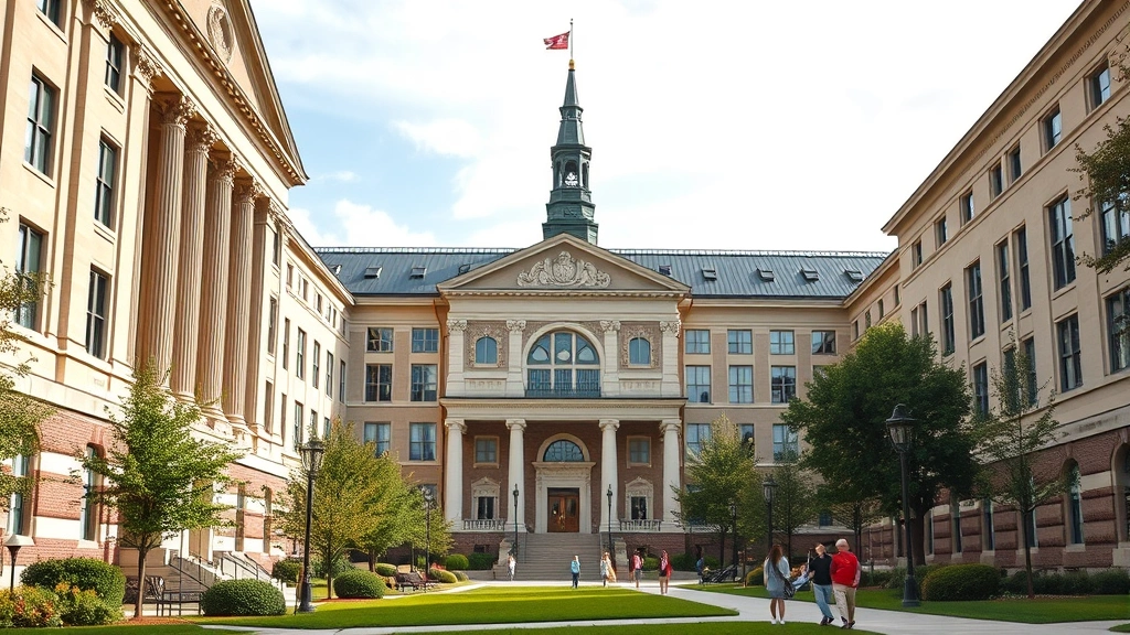 Law school campus exterior showing prestigious architecture, students walking between buildings, professional academic environment