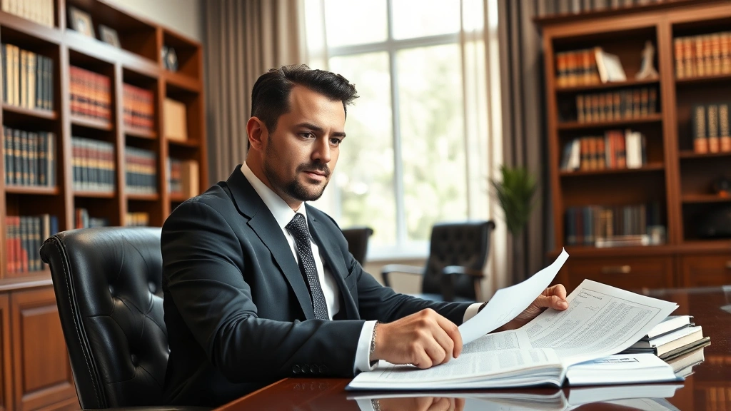 Professional male attorney in dark suit reviewing legal documents at mahogany desk in modern law office with bookshelves, natural window lighting, confident expression, photorealistic