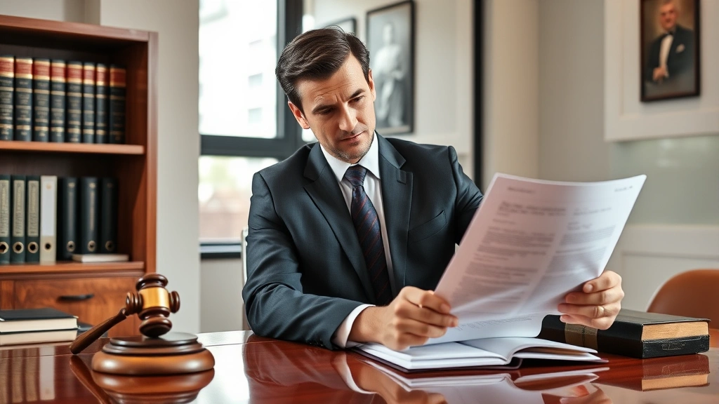 Professional lawyer in business suit reviewing legal documents at mahogany desk with law books and gavel in background, serious focused expression, modern office setting with natural lighting
