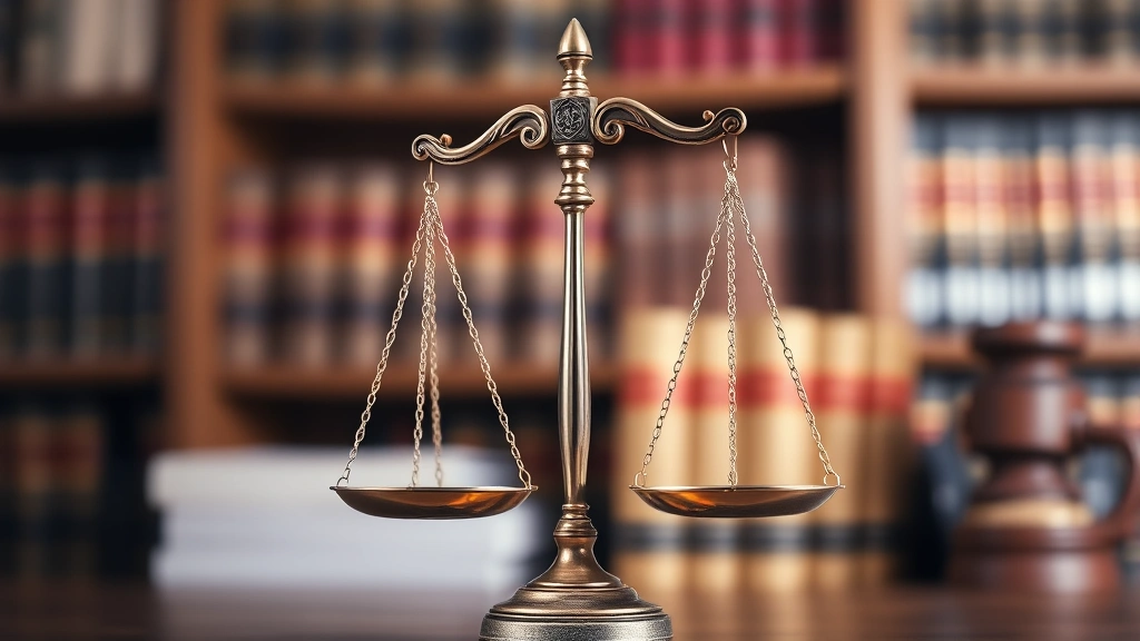 Balanced scales of justice in foreground with blurred law library shelves behind, symbolizing legal equilibrium and reciprocal rights, professional courtroom aesthetic