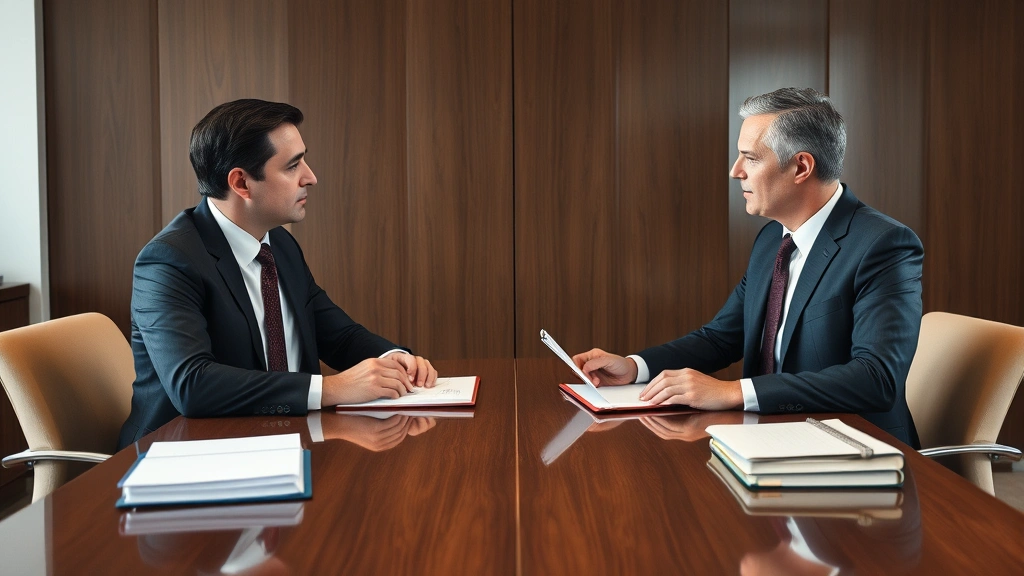 Two attorneys in business attire engaged in discussion across conference table with legal briefs and notebooks, representing opposing counsel and action-reaction dynamics in litigation