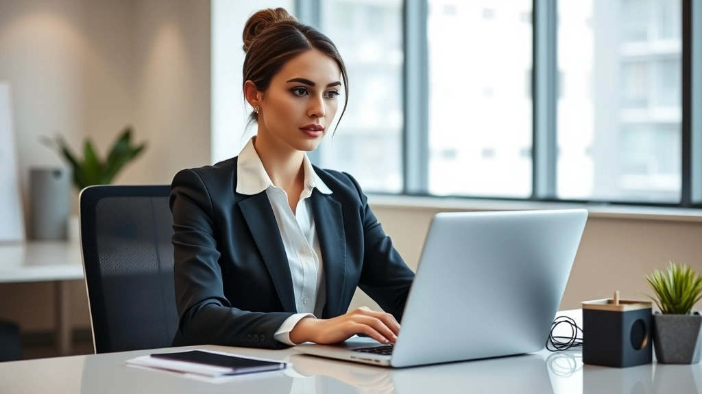 Professional woman in business attire sitting at modern desk with laptop, looking focused and contemplative, natural office lighting, embodying intention and purpose in work environment