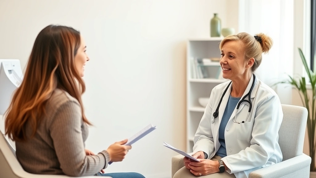 Professional medical consultation scene with female healthcare provider discussing reproductive health options with patient in clinical office setting, warm lighting, compassionate interaction, no visible documents