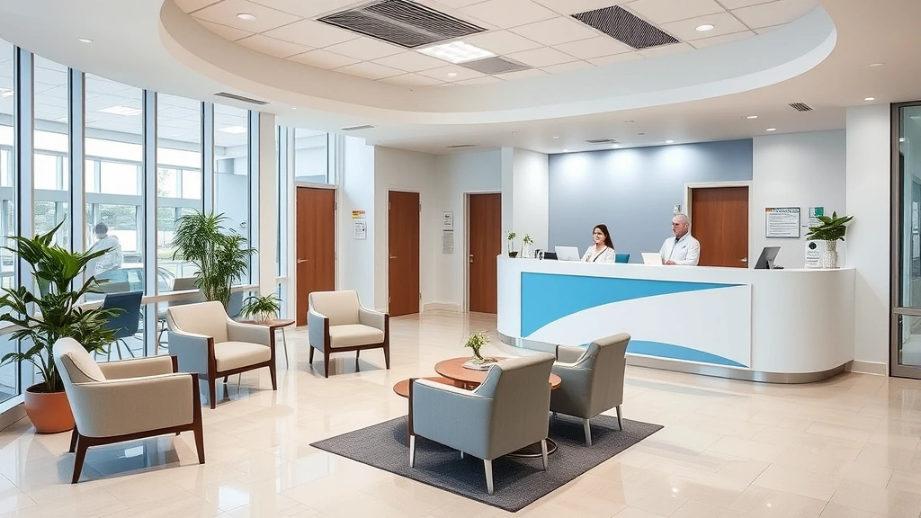 Healthcare facility reception area with welcoming design, comfortable seating, professional staff at desk, clean modern environment suggesting comprehensive medical services