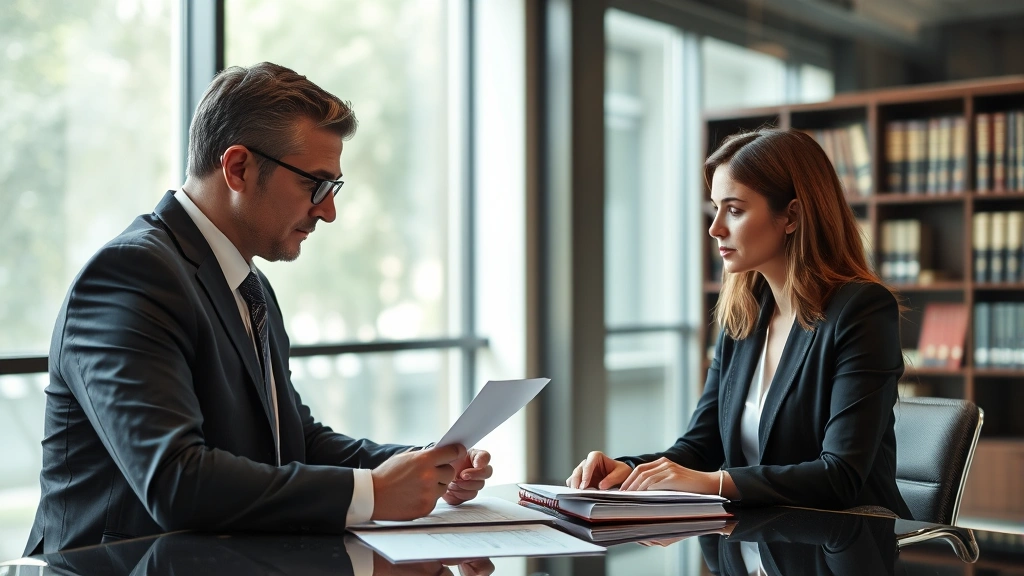 Professional legal consultation in modern law office, attorney reviewing documents with client, serious professional setting, natural lighting, no visible text or documents