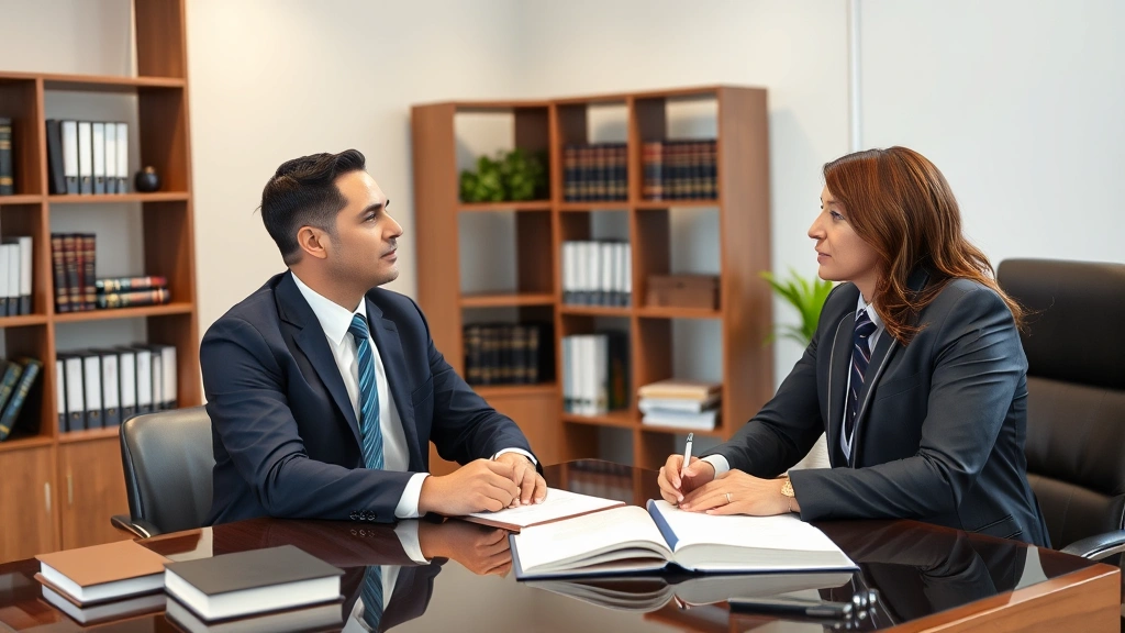 Professional legal consultation meeting between attorney and client in modern law office with desk, law books, and neutral background, both in business attire, serious professional atmosphere