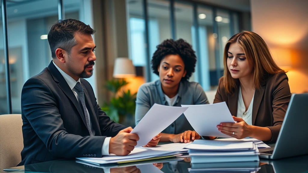 Professional immigration attorney in modern office reviewing documents with diverse client, warm lighting, focused concentration, paperwork and folders visible on desk