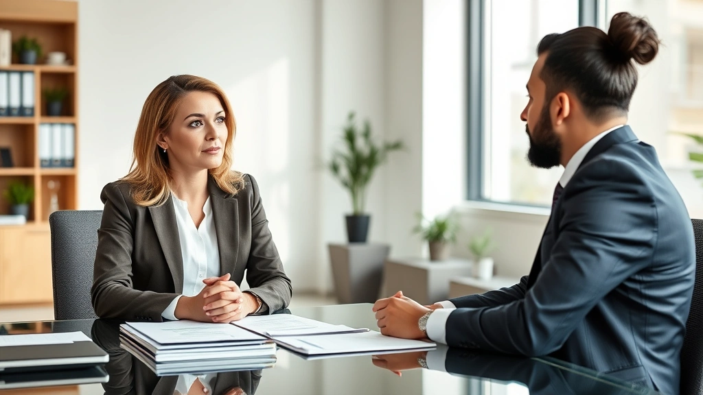 Professional female immigration attorney in modern office conducting consultation with diverse client, natural lighting, paperwork and legal documents on desk, focused serious expression, professional attire, contemporary office setting