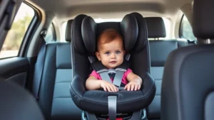 Professional photograph of a properly installed rear-facing infant car seat in a vehicle's rear seat, showing correct positioning and tightness, with sunlight illuminating the interior, no visible faces or text