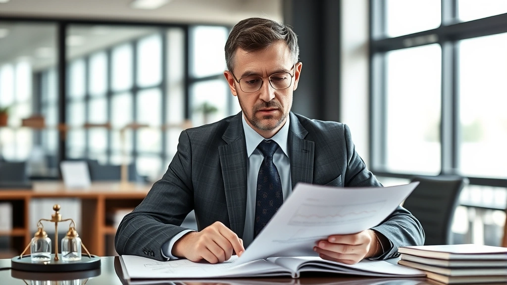 Professional male attorney in business suit reviewing scientific documents and chemical formulas on desk, modern law office background, serious focused expression, natural lighting